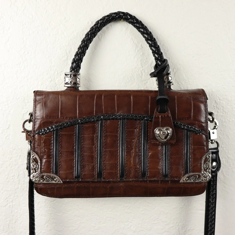 Mark Chantal Y2K 90s Dark Brown Croc Embossed Handbag Heart Charm Clutch Crssbdy